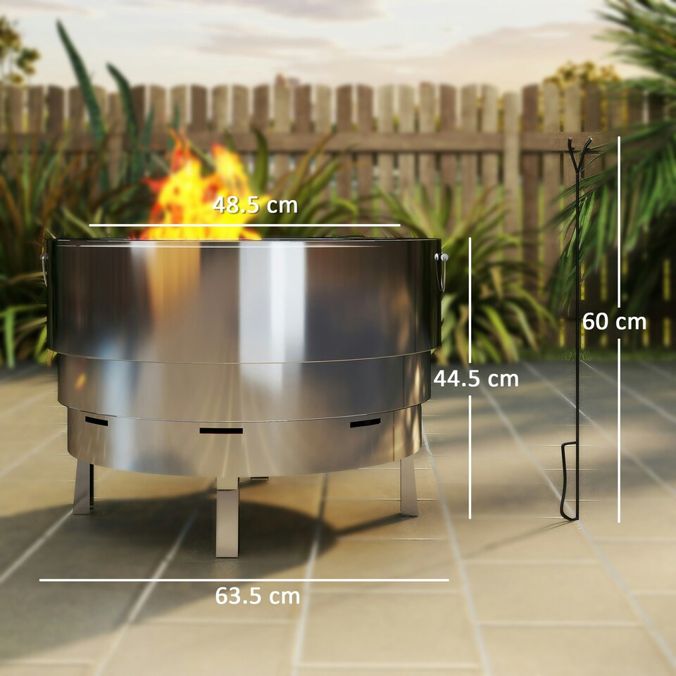 image 1 of Outsunny Round Fire Pit with Grill Net, Stainless Steel Firepit, Silver