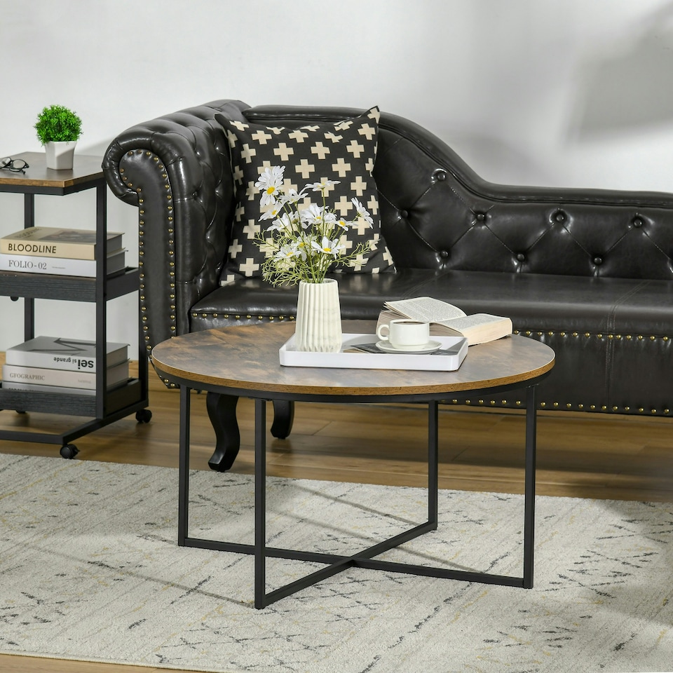image 1 of HOMCOM Coffee Table Industrial Round Side Table w/ Metal Frame for Living Room 
