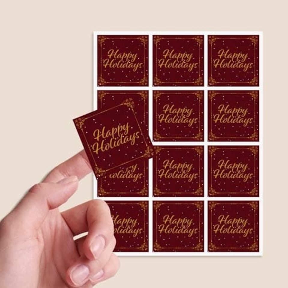 image 1 of Christmas Happy Holidays Burgundy Square Stickers 65mm - Sheet of 12
