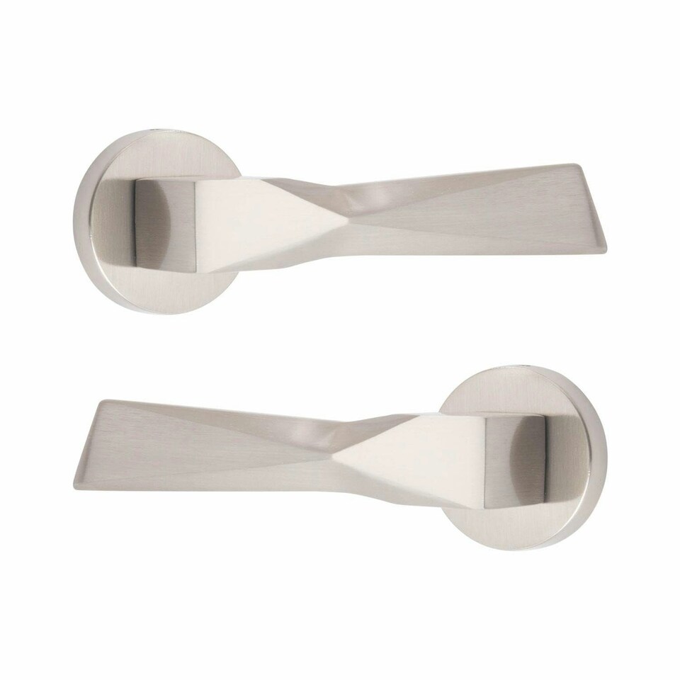 image 1 of Golden Grace 6 Pairs Modern Aura Design Premium Door Handles on Round Rose in Satin Nickel Finish Grey