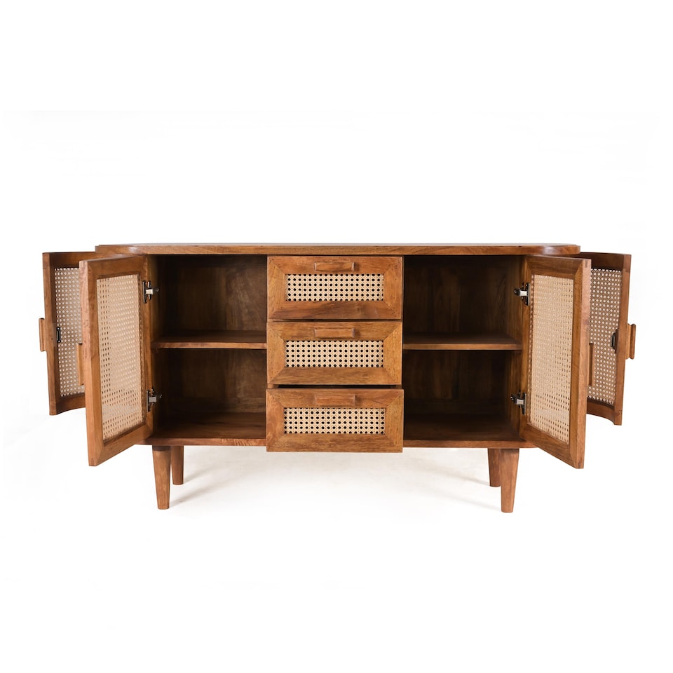 image 1 of Solid Mango Wood Sideboard Buffet Cabinet with Cane Doors & Drawers – Dark Oak Finish Credenza Storage Cabinet, No Veneer Console Table, Fully Assembled with Legs to Attach, Mid Century Modern Furniture