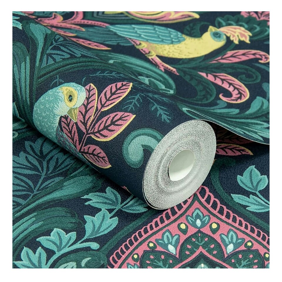 image 1 of Grandeco Peacock Damask Vinyl Textured Wallpaper - Navy/Pink - 10.05m x 0.53m Blue