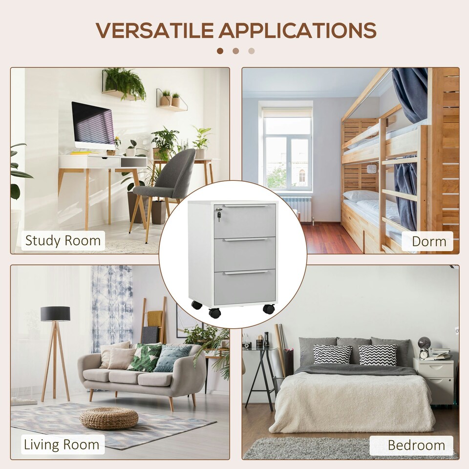 image 1 of HOMCOM Modern 3-Drawer Locking File Cabinet Mobile Filing Cabinet Grey White White