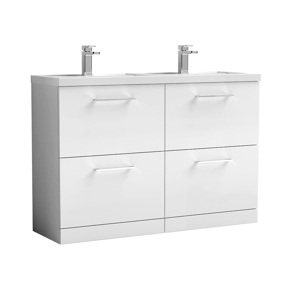 image 1 of Balterley Level Floor Standing 4 Drawer Vanity Unit with Double Basin, Handles & Overflow for Bathroom Storage | White | Gloss White | 840 x 1205 x 383mm