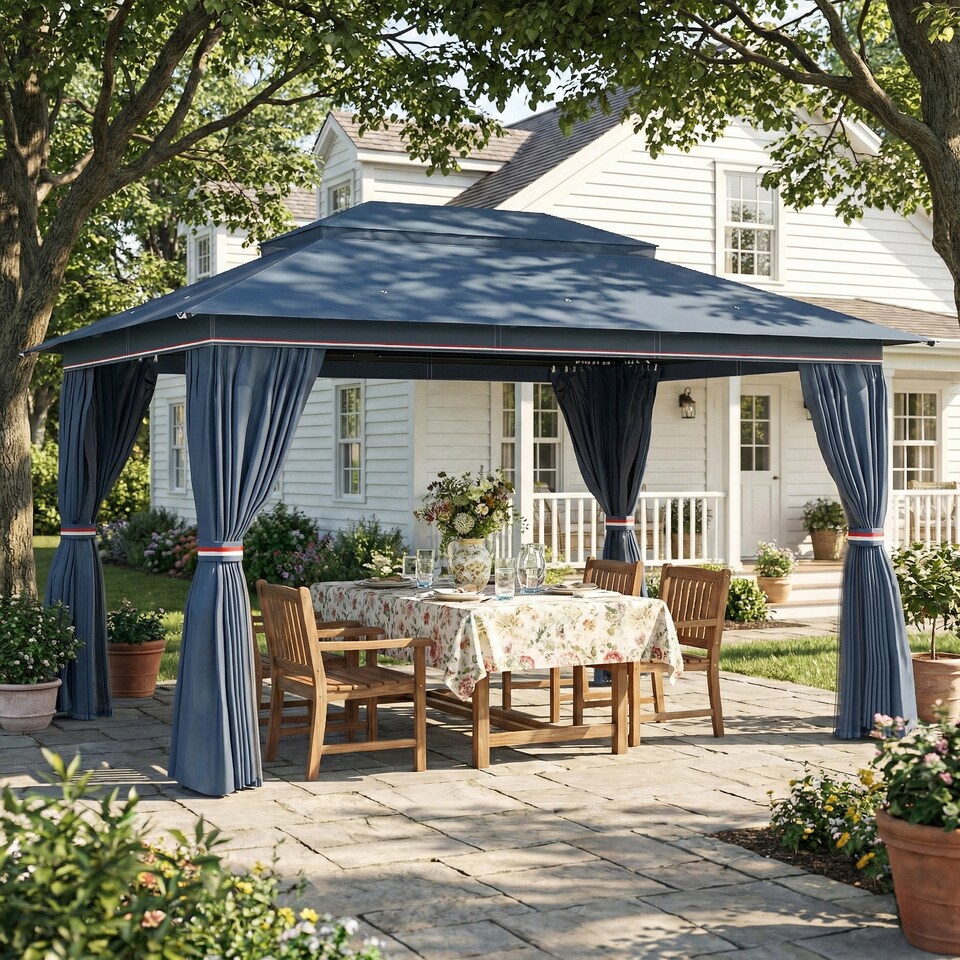 image 1 of Outsunny 3 x 4 m Outdoor Garden Gazebo with UPF50+ Double Roof, Dark Blue