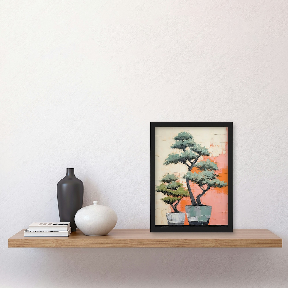 image 1 of Two Japanese Bonsai Tree Plant Pots painting Black Framed Wall Art Print A4