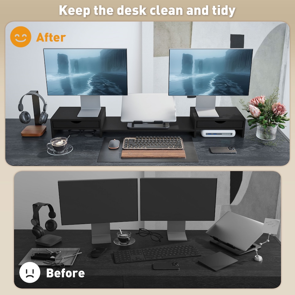 image 1 of HOMCOM Dual Monitor Stand Riser with 2 Drawers, Adjustable Length and Angle, 116cm Monitor Riser for Laptop, Computer, PC, Small Printer, Black