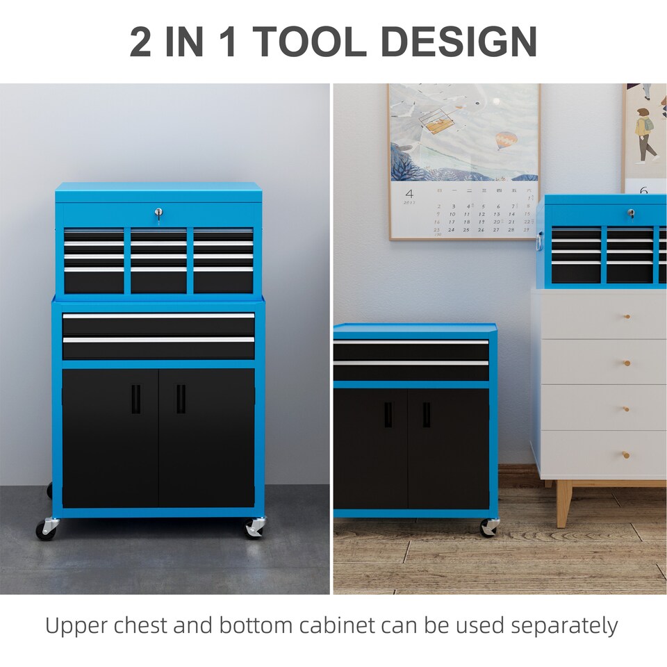 image 1 of HOMCOM Tool Chest, Metal Tool Cabinet on Wheels with 6 Drawers, Pegboard, Top Chest and Roller Cabinet Combo, 61.6 33 108cm, Blue | Blue | Black | 1