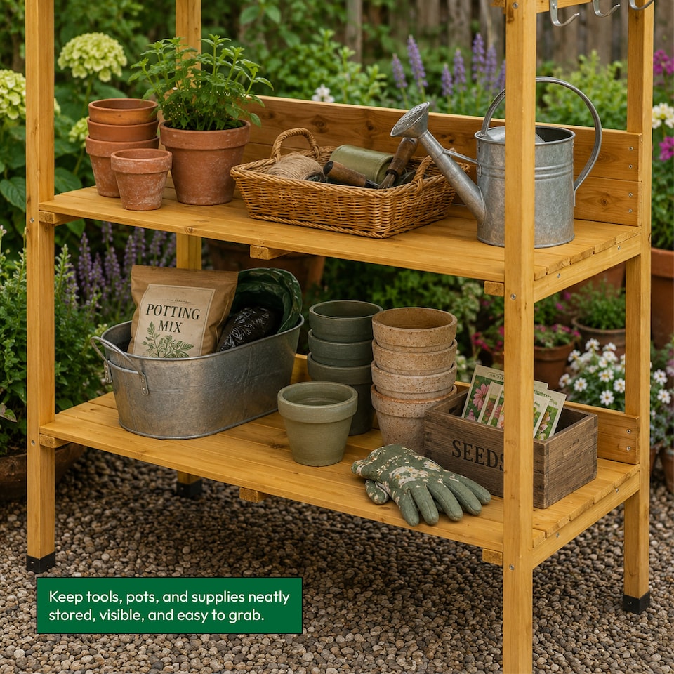 image 1 of KCT 3 Tier Potting Table Bench Outdoor Garden Wooden Station for Greenhouse Shed Workbench Gardening Planting Plant Station Stand | Brown