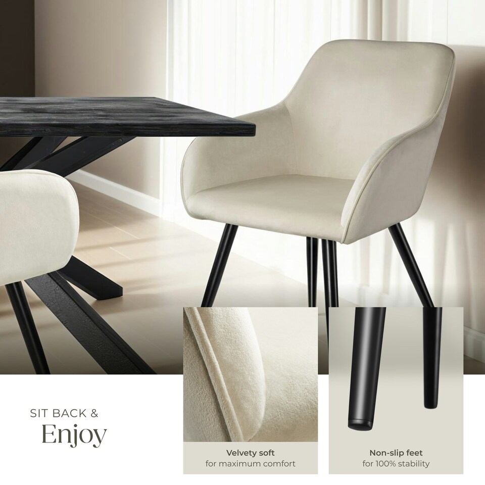 image 1 of Dining Chair Marilyn - with armrests, padded, velvet look, black steel legs - Set of 2 Cream | Cream/Black