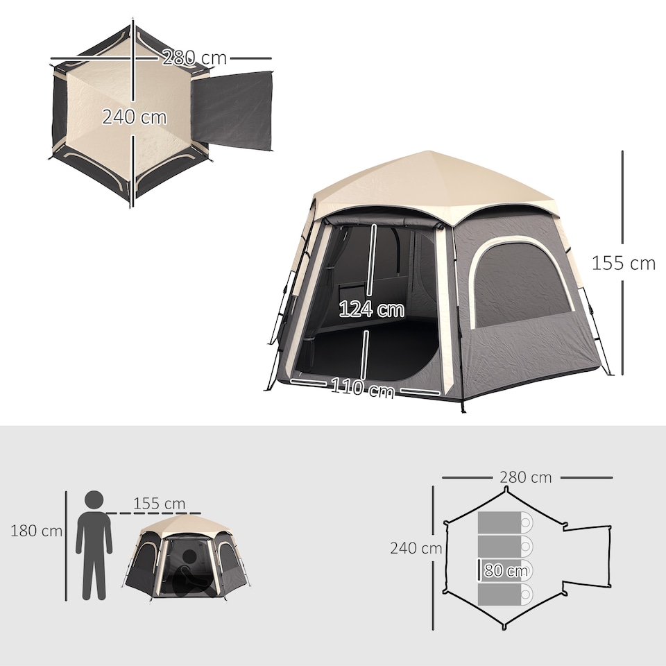 image 1 of Outsunny Instant Camping Tent, 4 Person Easy Setup Dome Tent | Grey | Dark Grey | 2.8L x 2.4W x 1.55H m