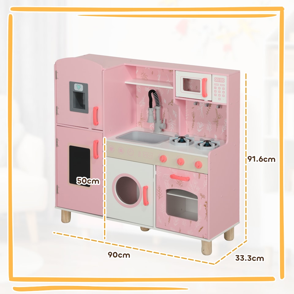 image 1 of AIYAPLAY Toy Kitchen, Pretend Role Play Kitchen, Kids Kitchen Set with Lights and Sounds, Double Stoves, Ice Maker, Chalkboard, Microwave, Oven, Sink, 5 Accessories, Pink