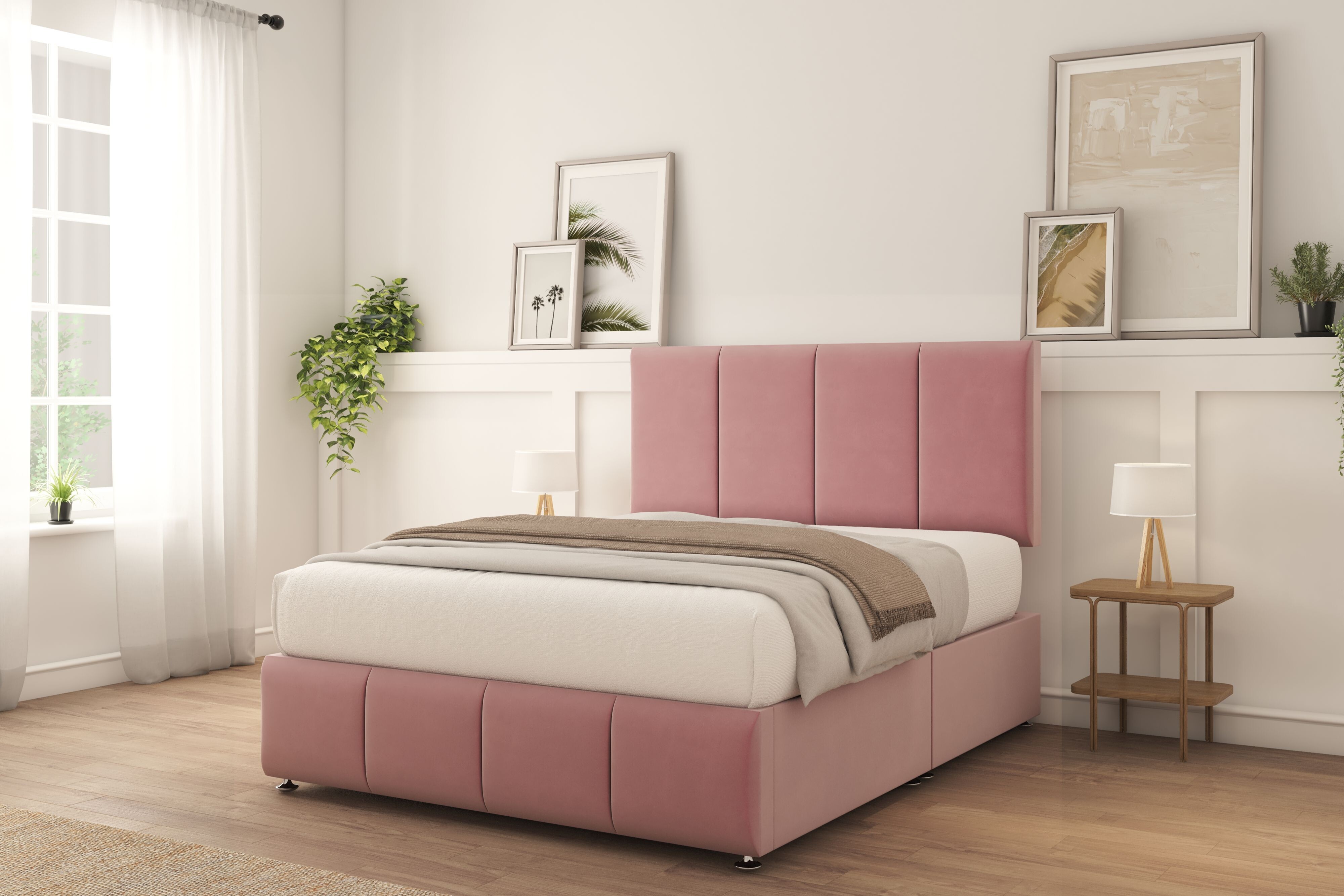 Sloomy Lisbon Pink Plush Divan Bed With Mattress No Drawers 26" Strutted Headboard & 12" Footboard 6' Super King