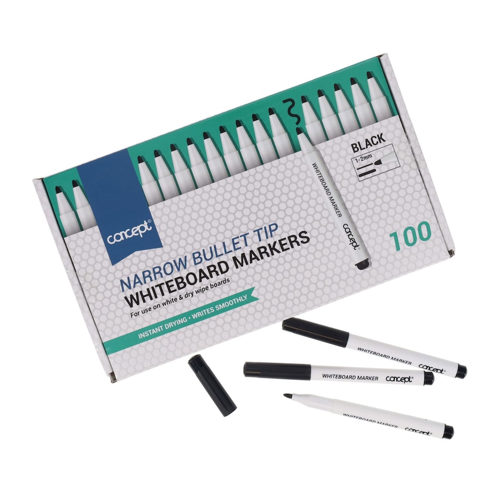 image 1 of Box of 100 Narrow Bullet Tip Black Whiteboard Markers by Concept