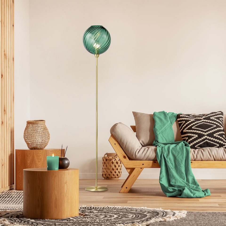 image 1 of Designer Chic Floor Lamp with Brushed Gold Base and Emerald Green Glass Shade | Green