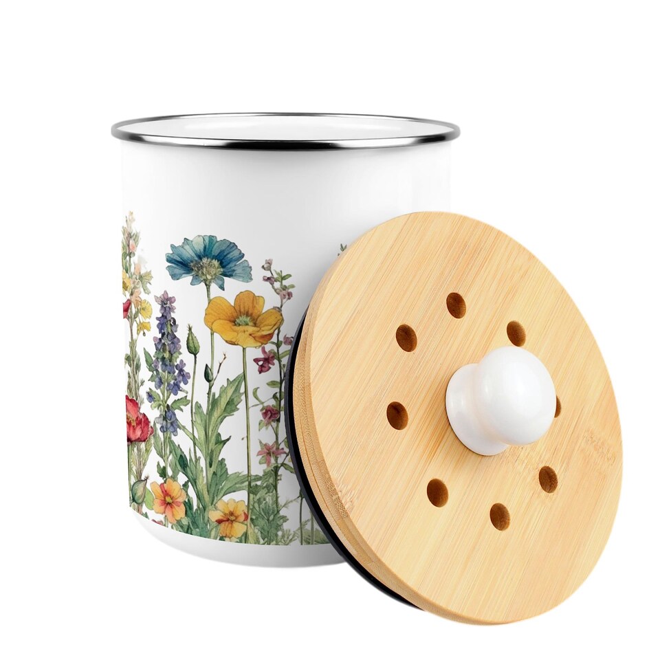 image 1 of Wildflowers Food Waste Caddy - Metal 2L Decorative Kitchen Compost Bin