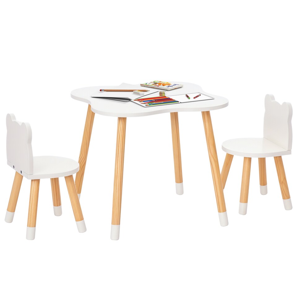 image 1 of HOMCOM 3-Piece Kids Table and Chair Set with 2 Bear-Shaped Chairs | White