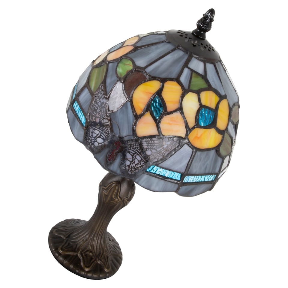 image 1 of Purple Stained Glass Butterfly Tiffany Lamp with Amber Roses and Sky Blue Strips | Purple