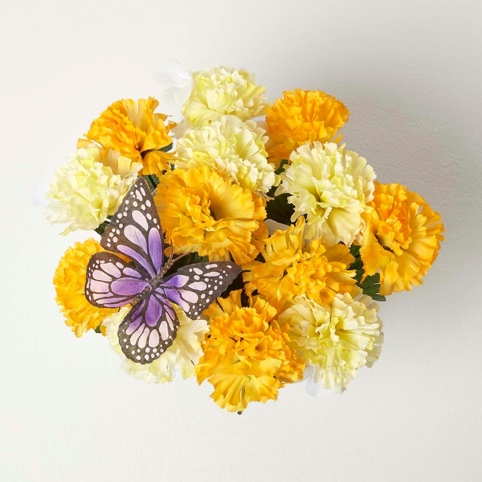 image 1 of Homescapes Set of 2 Yellow & Pink Carnation Artificial Flowers with Butterfly Decoration in Grave Vases