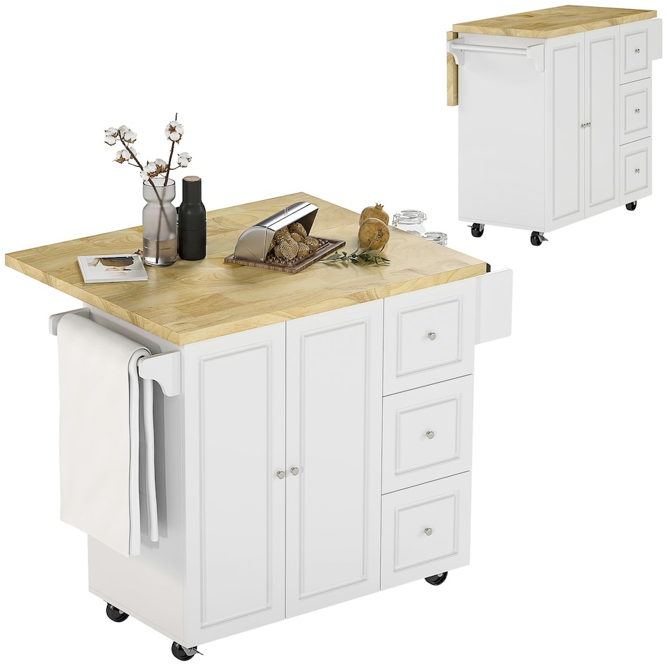image 1 of HOMCOM Drop-Leaf Kitchen Island on Wheels Utility Storage Cart with Drawers