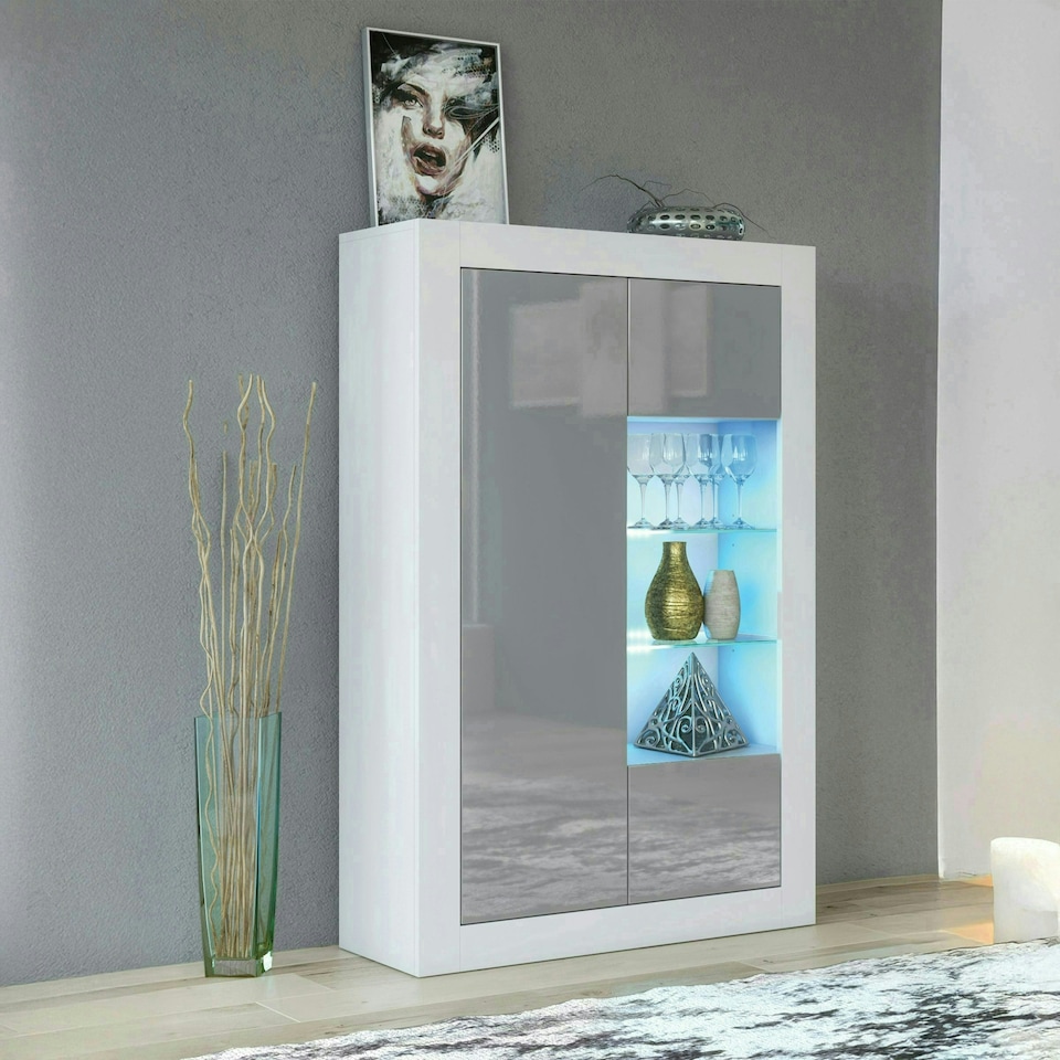 image 1 of Display Cabinet 93cm Grey Gloss Doors White Matt Body Free LED | White | Grey