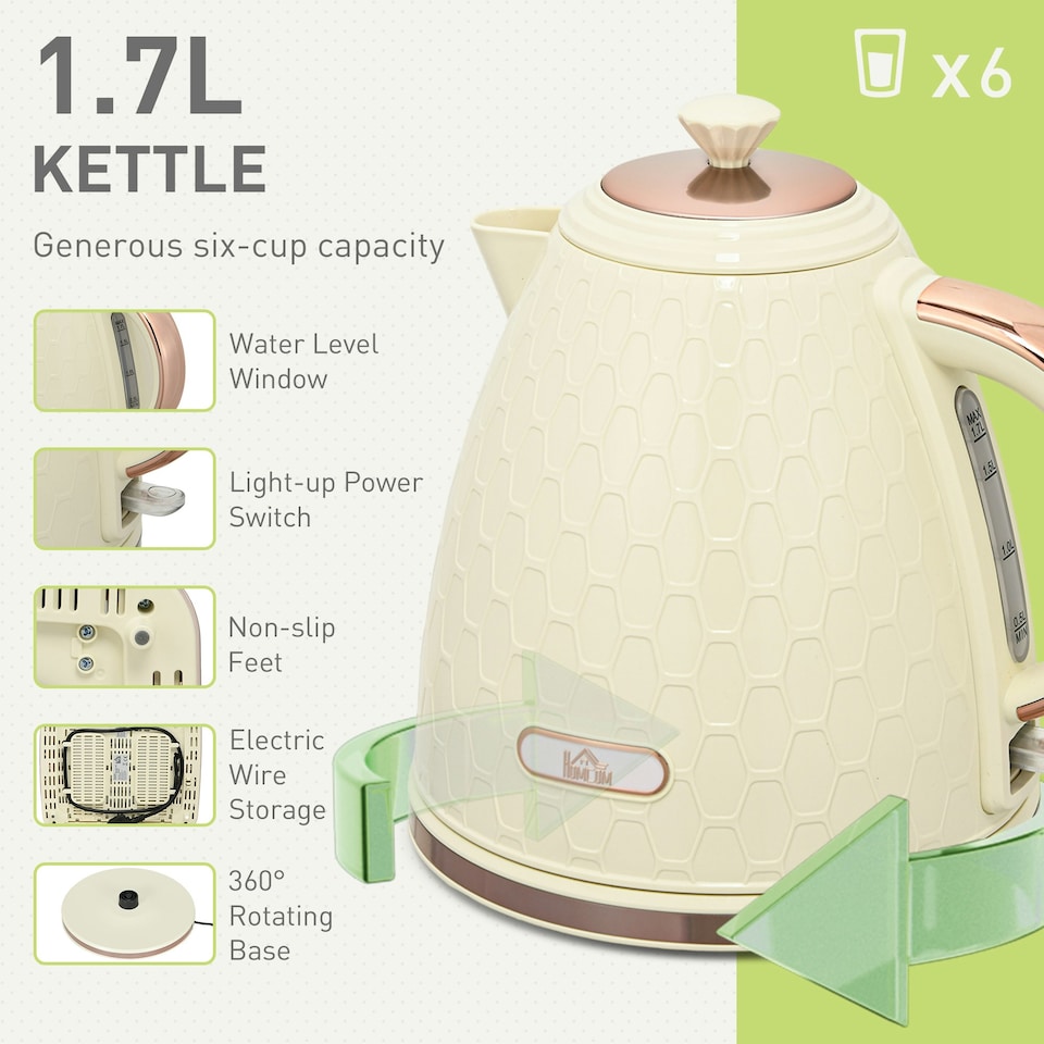 image 1 of HOMCOM 1.7L Kettle and Toaster Set with Defrost Reheat and Crumb Tray Beige