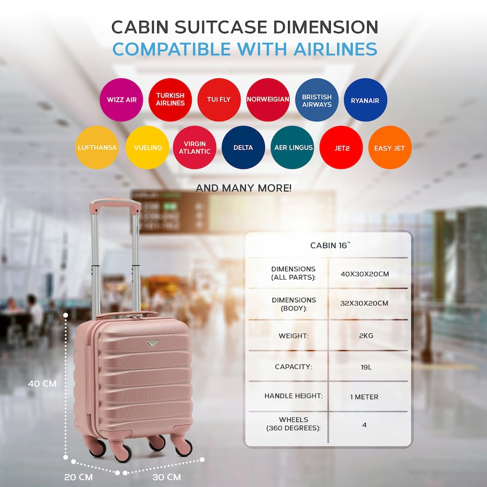 image 1 of 40x30x20cm Wizz Air & Vueling Maximum Size Free Cabin Carry On Lightweight 4 Wheel ABS Hard Case Suitcases Cabin Carry On Hand Luggage Pink | Rose | Cabin Bag