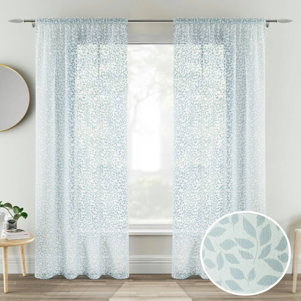 image 1 of Pair of Willow Blue Leaf Print Voile Panels 183 cm (72 inch) Rod Pocket Linen Look Panels for Bedroom and Living Room