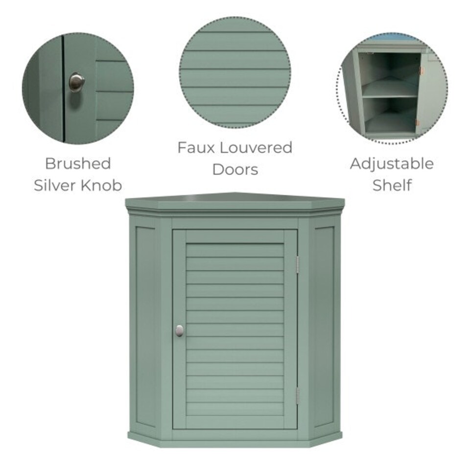 image 1 of Teamson Home Glancy Removable Corner Wall Cabinet with Faux Louvered Door, Sage Green