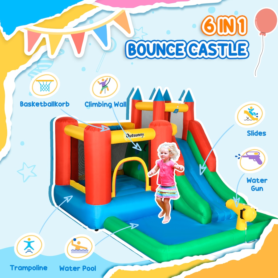image 1 of Outsunny Kids Bouncy Castle w/ Slide Water Pool Climbing Wall & Trampoline | Multi | Blue, Yellow, Green, Red | 208H x 323L x 236Wcm