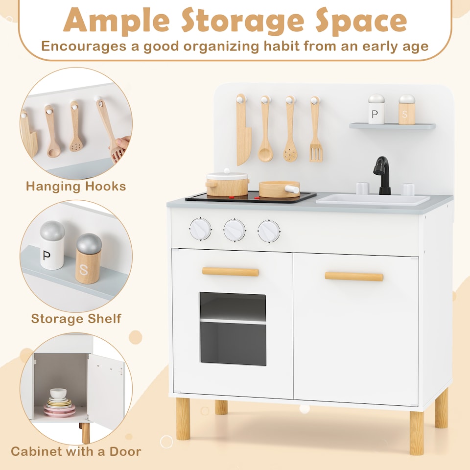 image 1 of COSTWAY Kids Kitchen Playset Toddler Pretend Play Kitchen w/Cooking Sounds-White