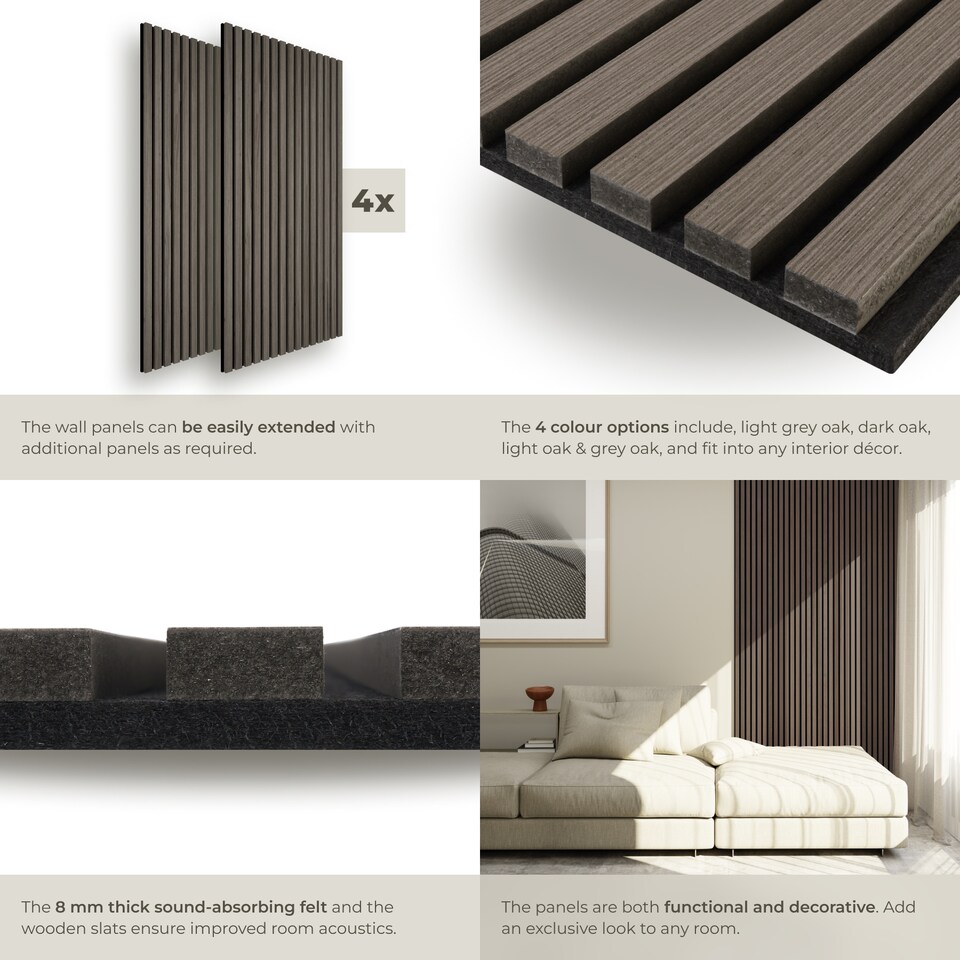 image 1 of Acoustic Wall Panels with Wood Veneer Slats, Thick Felt and Easy to Install | Grey | oak gray | 120 x 60 x 120 cm | 4