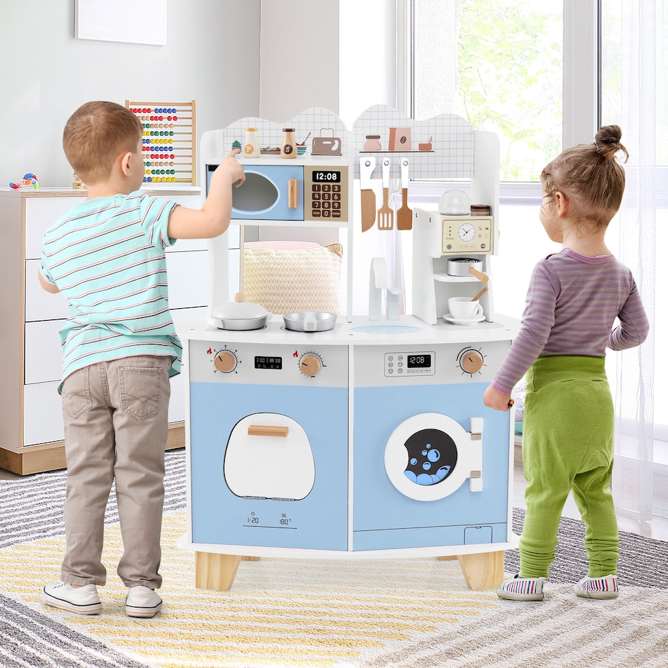 image 1 of COSTWAY Wooden Kids Kitchen Playset Pretend Play Kitchen With  Coffee Maker-Blue