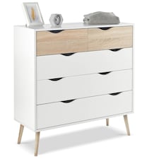 VonHaus White and Oak Effect 5 Drawer Chest of Drawers for Bedroom White | Brown