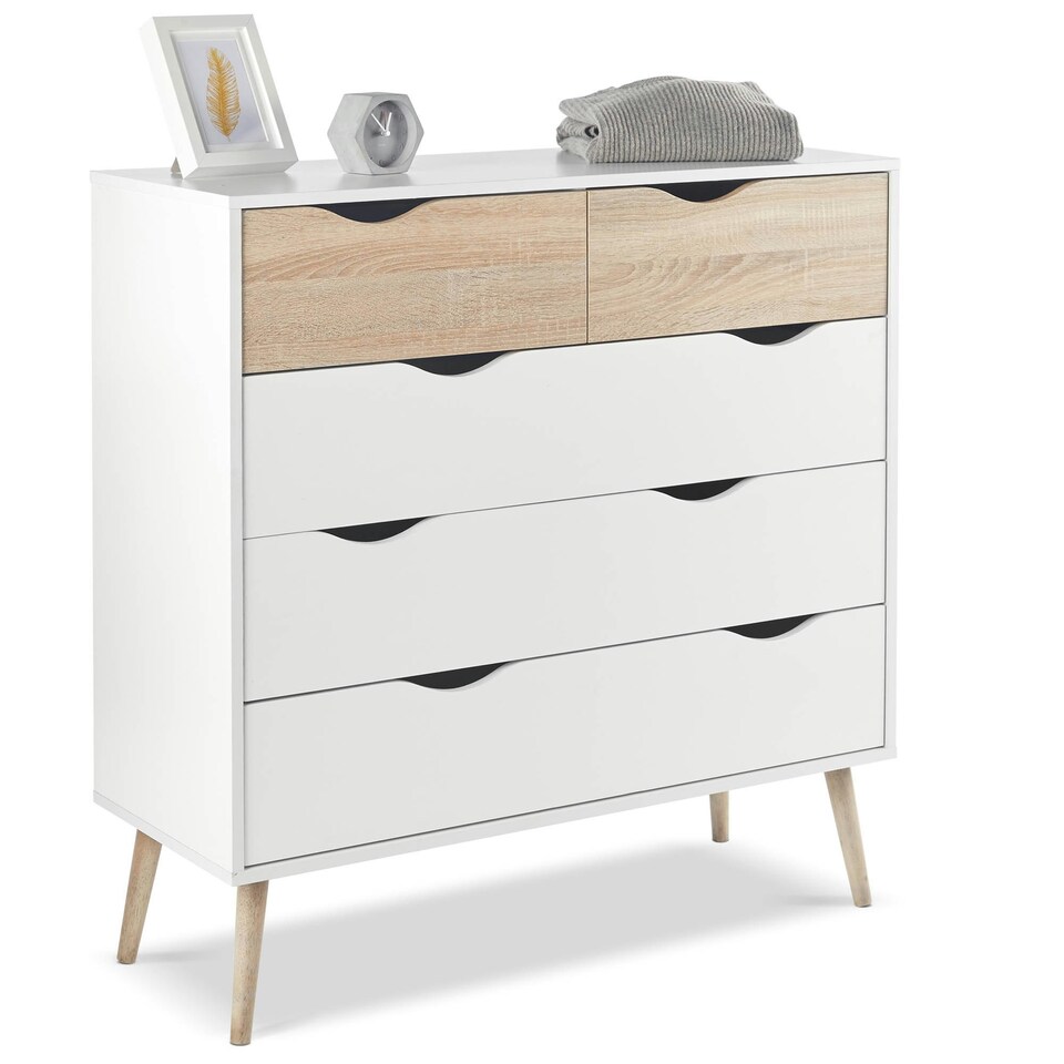 image 1 of VonHaus White and Oak Effect 5 Drawer Chest of Drawers for Bedroom | White | Brown
