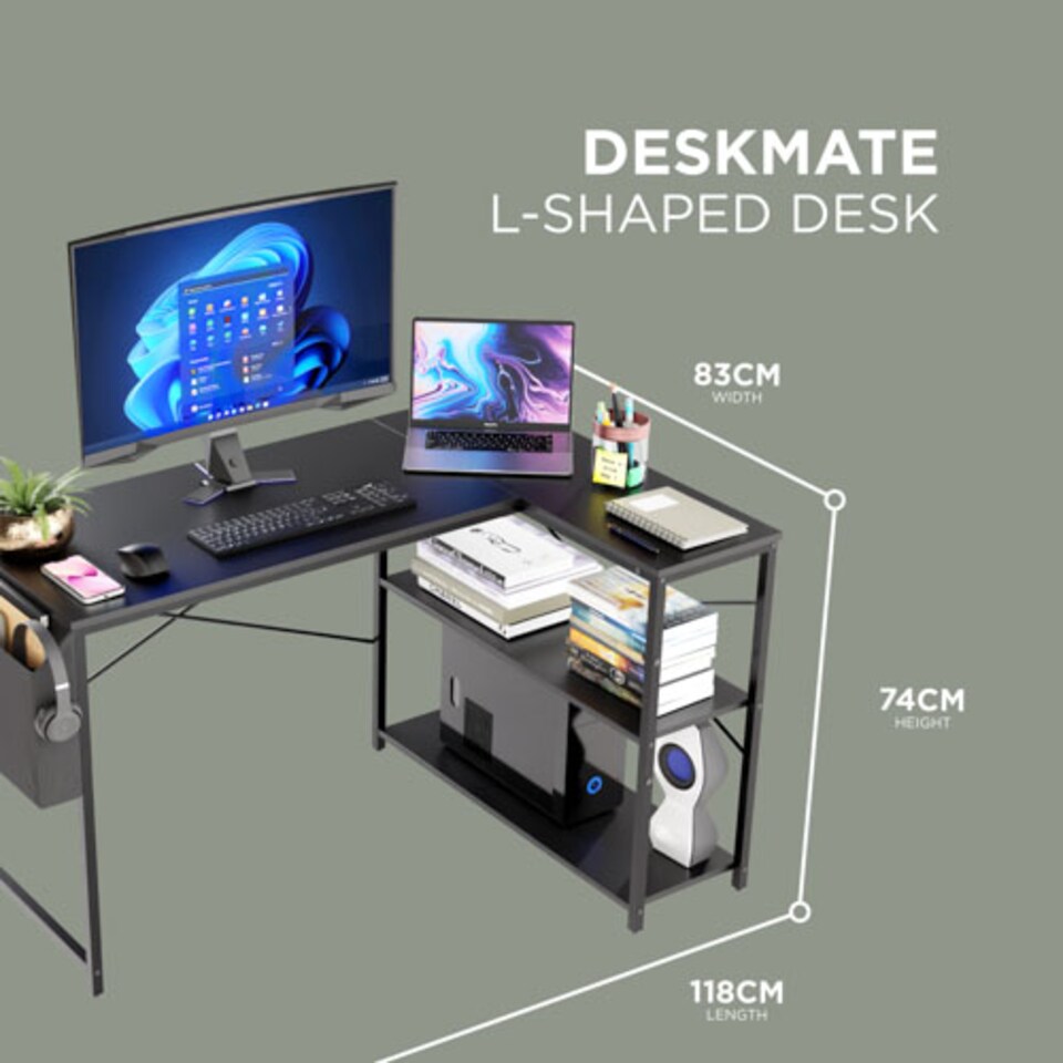 image 1 of DMD Reversible L-Shaped Computer Desk with Storage Shelves | Black