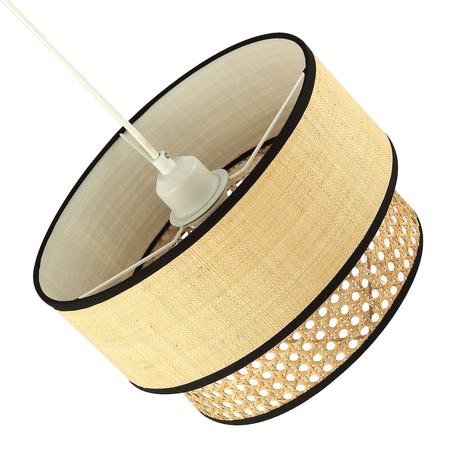 image 1 of Modern Double Tier Real Natural Rattan Pendant Shade with Black Trims | Brown | Brown | 1