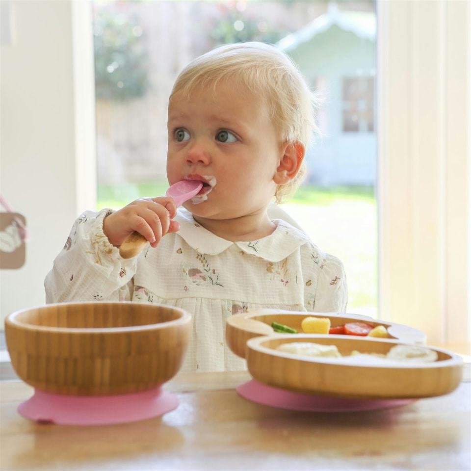 image 1 of Tiny Dining Children's Bamboo Silicone Tip Spoon - Pink