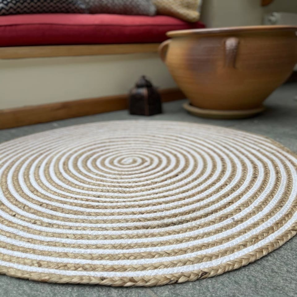 image 1 of CHAKKAR PALE Stripe Round Beige Hall Rug - Jute - L90 x W90 White