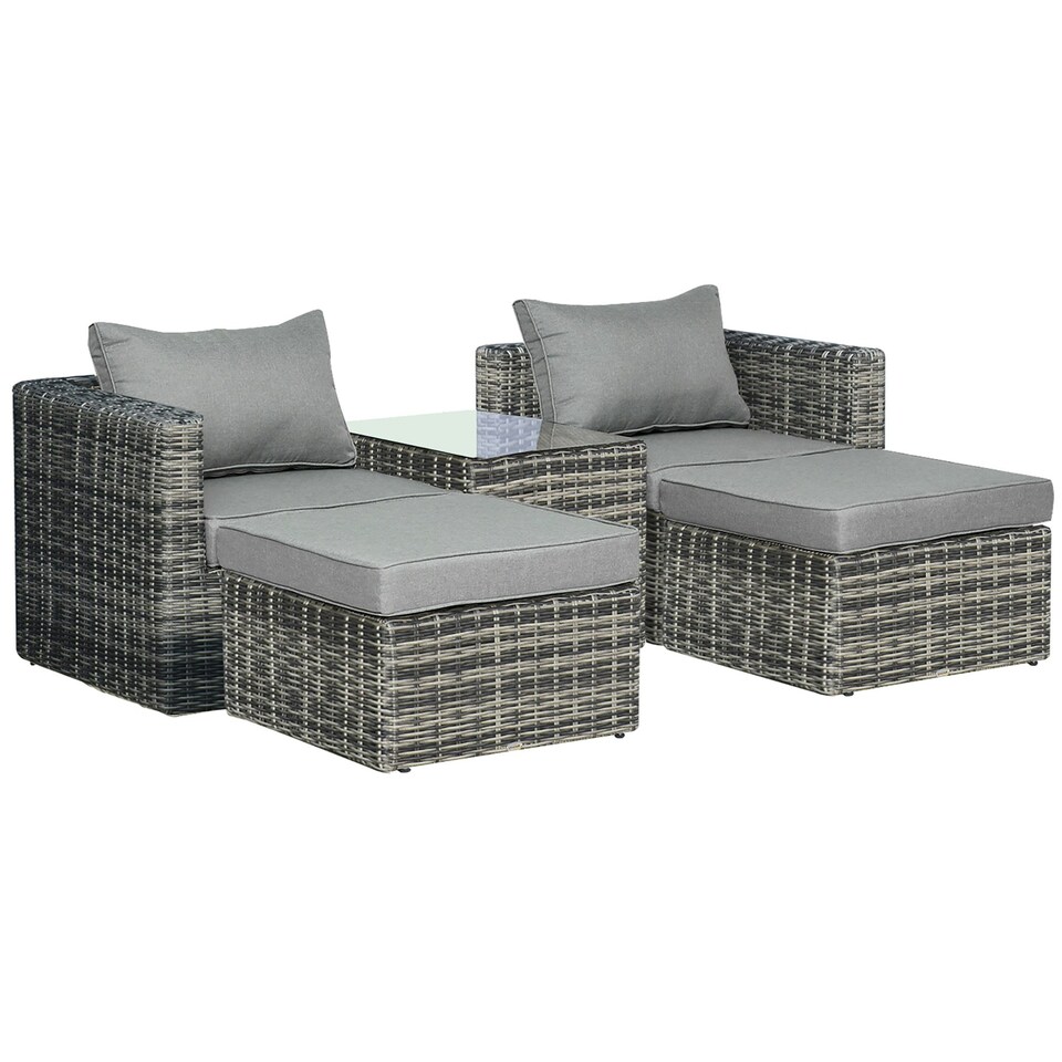 image 1 of Outsunny 5 Pcs Rattan Garden Furniture Set Single Sofa Stool Coffee Table Grey