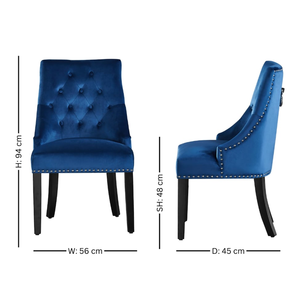image 1 of Set of 2 Velvet Dining Chairs Ergonomic Scoop Knockerback & Button Tufted Wood Legs Blue