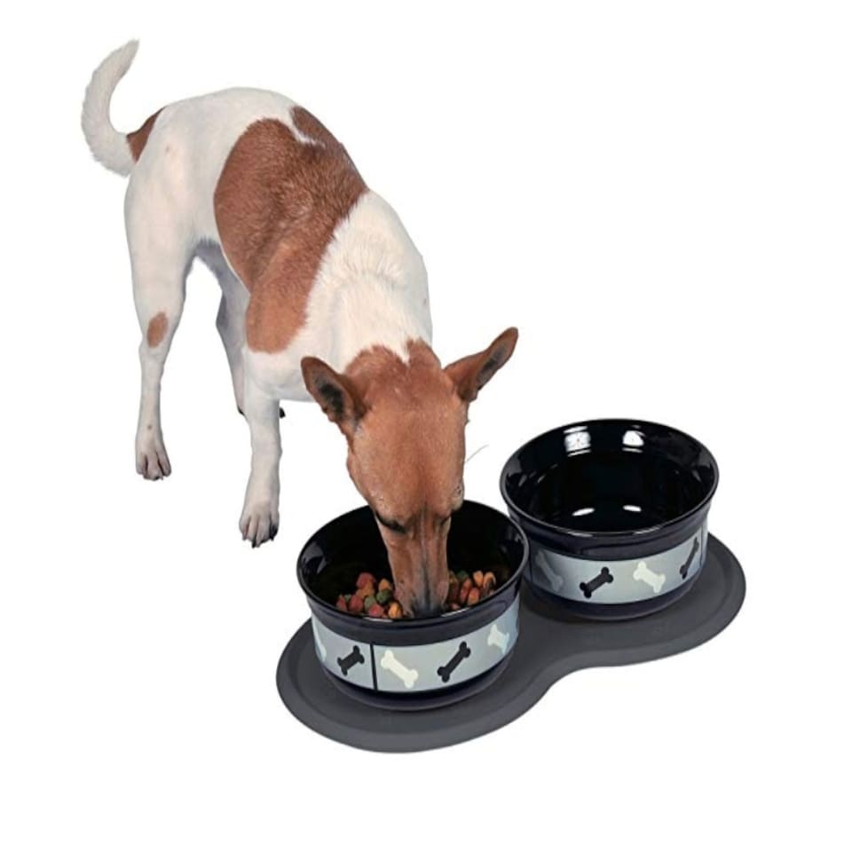 image 1 of Waterproof Double Pet Bowl Mat Cat/Dog Feeding Water Food Dish Tray Wipe Clean Black