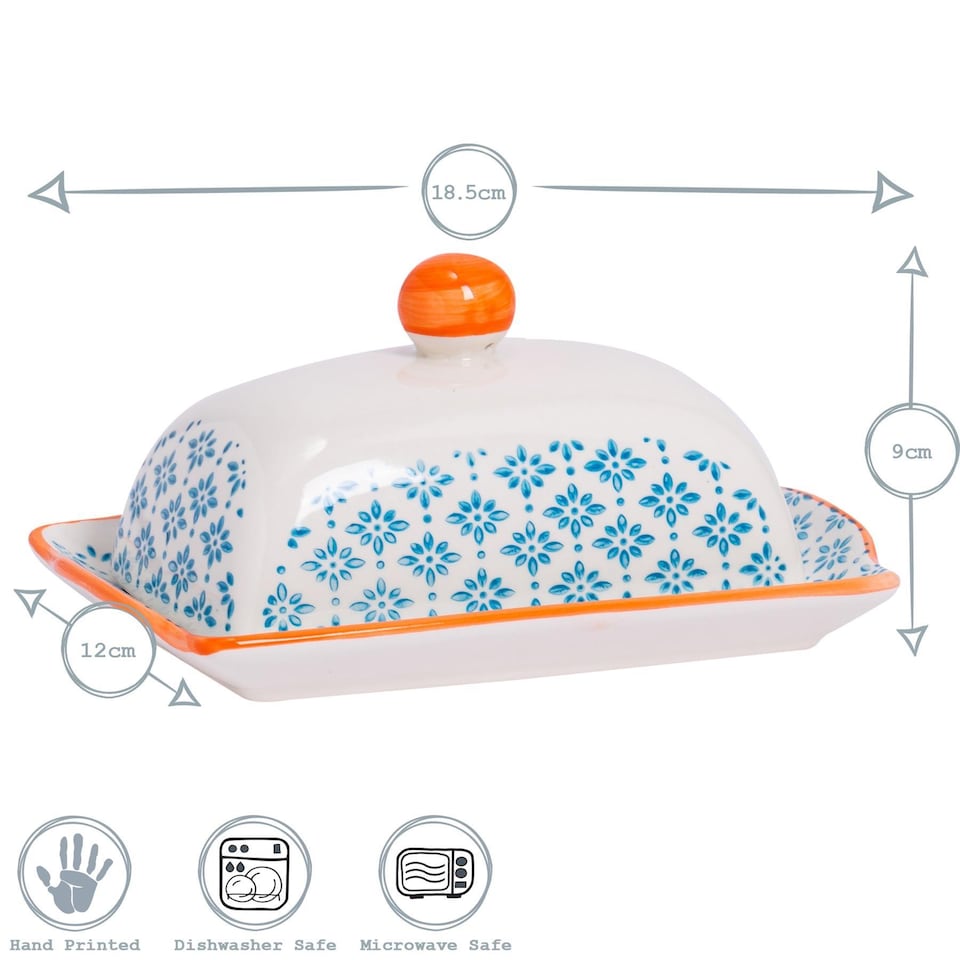 image 1 of Nicola Spring Hand-Printed Butter Dish - 18.5 x 12cm - Blue | Blue | Multi-Coloured