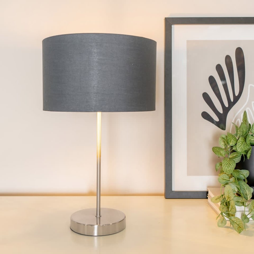 image 1 of ValueLights Charlie Brushed Chrome Table Lamp Charcoal & Chrome Shade & Bulb | Grey