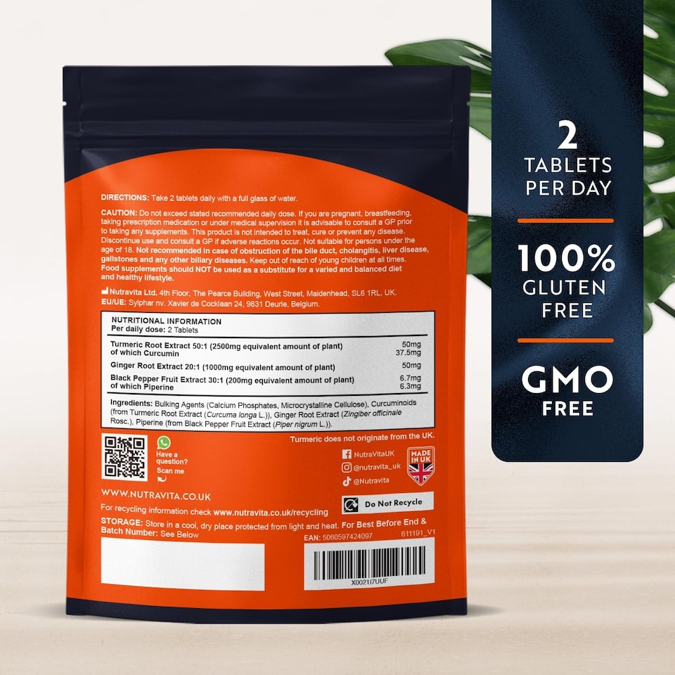 image 1 of Nutravita Turmeric Tablets 2500mg with Black Pepper, Ginger & Curcumin - Made in UK - 3 Month Supply - 180 Vegan High Strength Tumeric Supplements