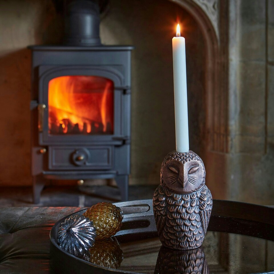 image 1 of Cast Aluminium Owl Candle Holder - Aluminium - L8.5 x W7.5 x H14.5 cm - Antique Copper | Brown | 1