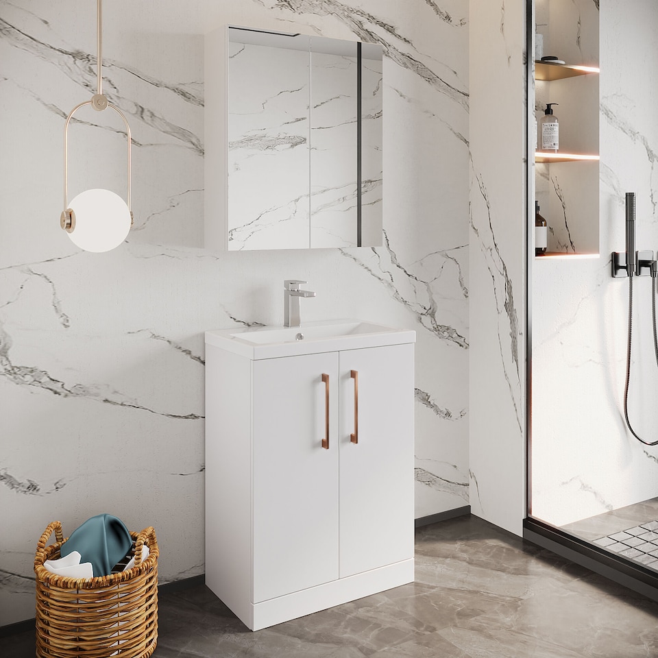 image 1 of Balterley Level Compact Bathroom Cloakroom Vanity Basin Unit with Ceramic Basin, Handles | White | Gloss White | 840 x 620 x 360mm
