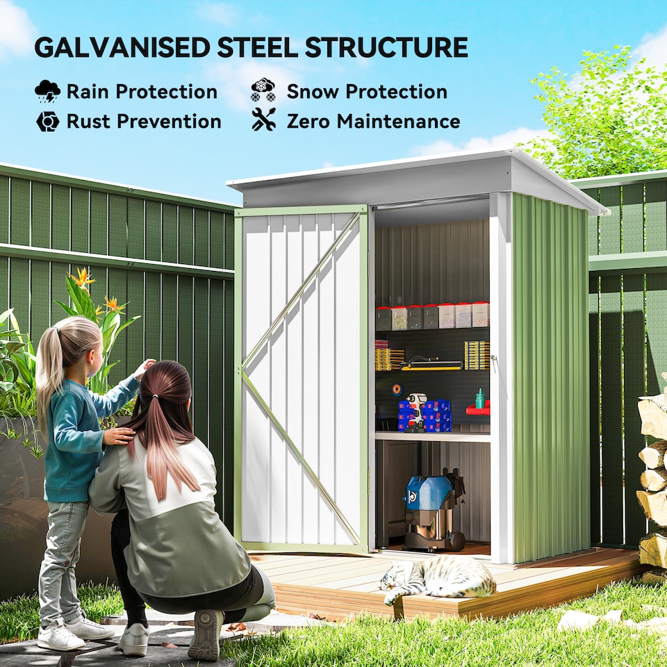 image 1 of Outsunny 5x3ft Garden Shed, Steel Small Shed, Outdoor Leanto Shed with Adjustable Shelf, Lock and Gloves for Patio, Garden, Green without Foundation Kit