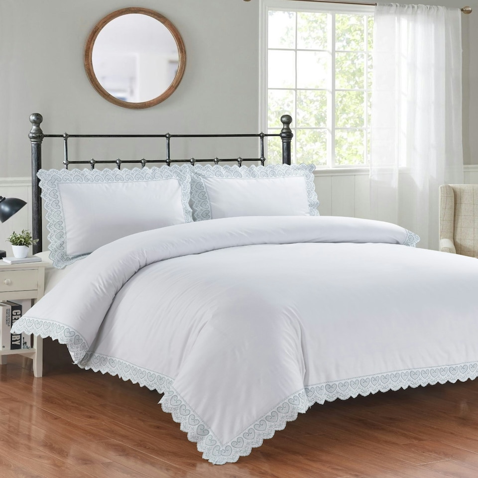 image 1 of Elise Embroidered Floral Duvet Cover Set with Pillowcases Included (White) White | King