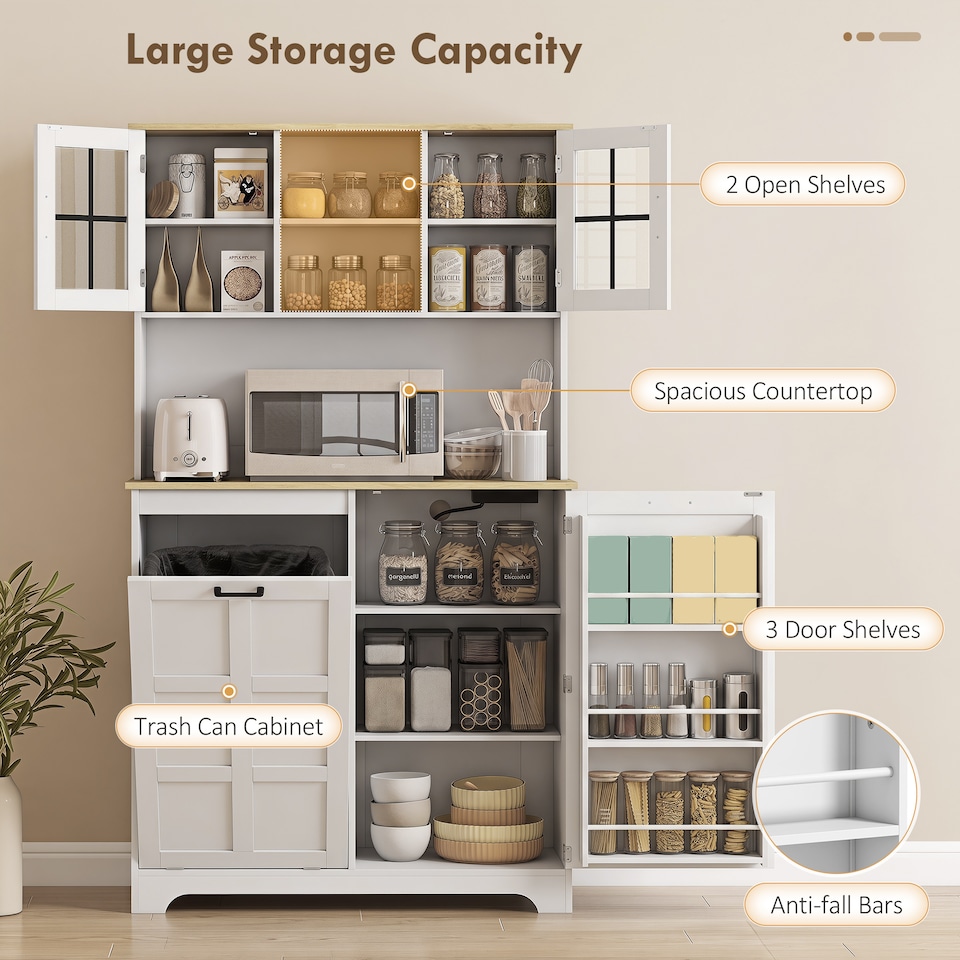 image 1 of HOMCOM 175cm Tall Kitchen Cabinet with Charging Station, Rubbish Bin, White